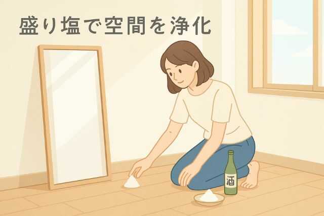 新居の四隅に盛り塩を置いてお清めする女性の様子