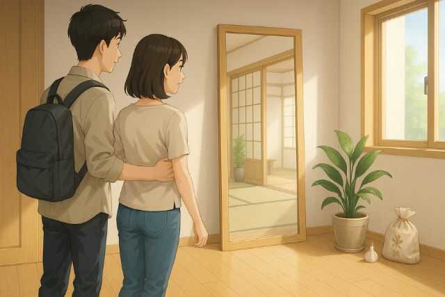 鏡が置かれた新居に入る若い夫婦の希望のシーン