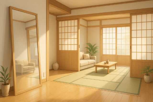 伝統的な鏡と桜が新生活の門出を象徴する構図
