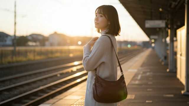 夕暮れの駅でカナナショルダーバッグを肩にかけた日本人女性。旅の準備が整った落ち着いた表情。