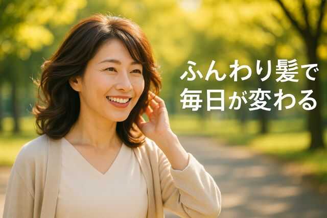 自然なふんわり髪で歩く40代女性の笑顔
