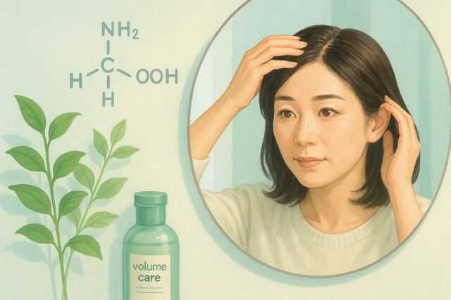 鏡で頭皮をチェックする女性と自然成分のイメージ