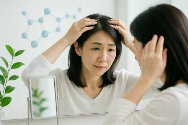 鏡で頭皮をチェックする女性と自然成分のイメージ