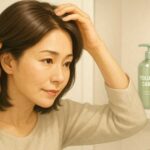 鏡の前で分け目を確認する40代日本人女性の横顔