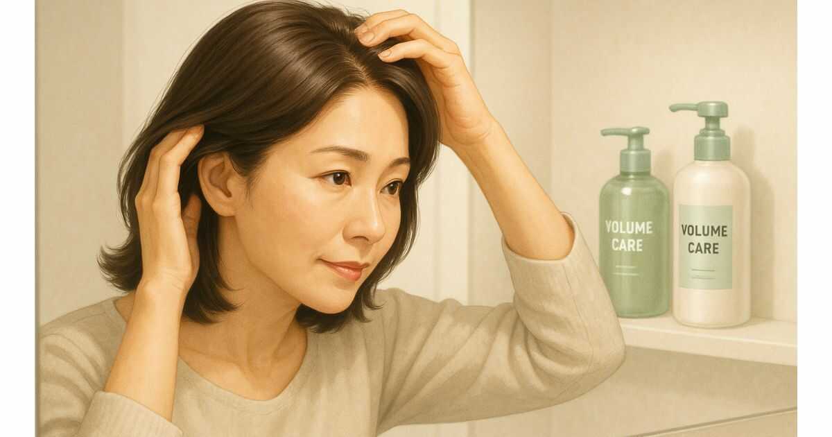 鏡の前で分け目を確認する40代日本人女性の横顔