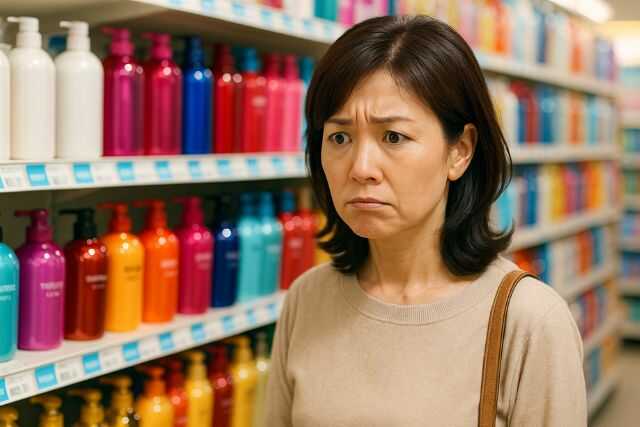 市販シャンプー売場で悩む女性の後ろ姿