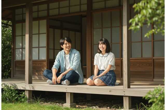 縁側で男性と女性が雑談