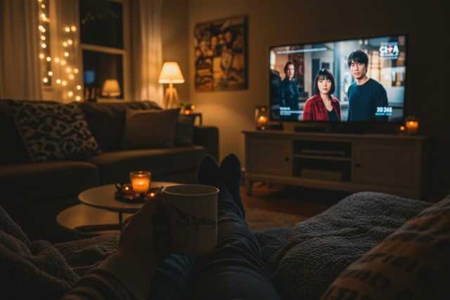 ソファーでテレビを見ている